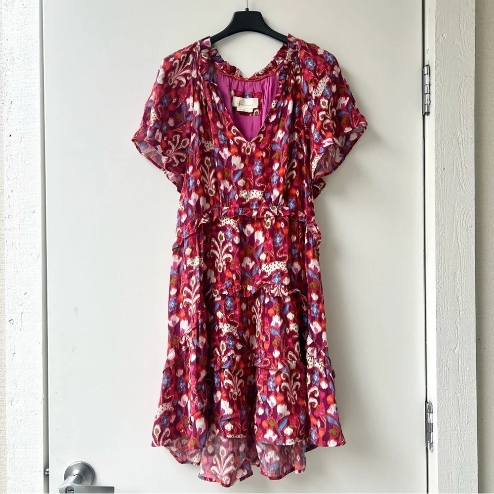 By Anthropologie Robin Tiered Ruffled Mini Dress - RedPink Floral Print - Size S - Picture 4 of 10